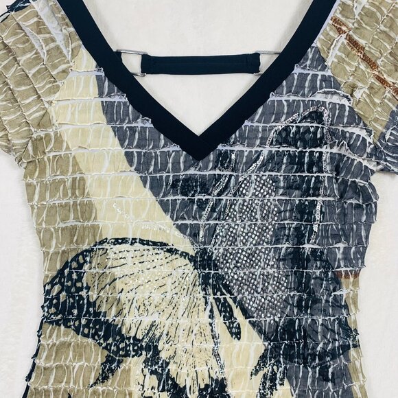 Frank Lyman Blk/Tan Ruffle Butterfly Short Sleeve Top V Neck/Scoop Back Wms Sz 6 - Picture 12 of 16
